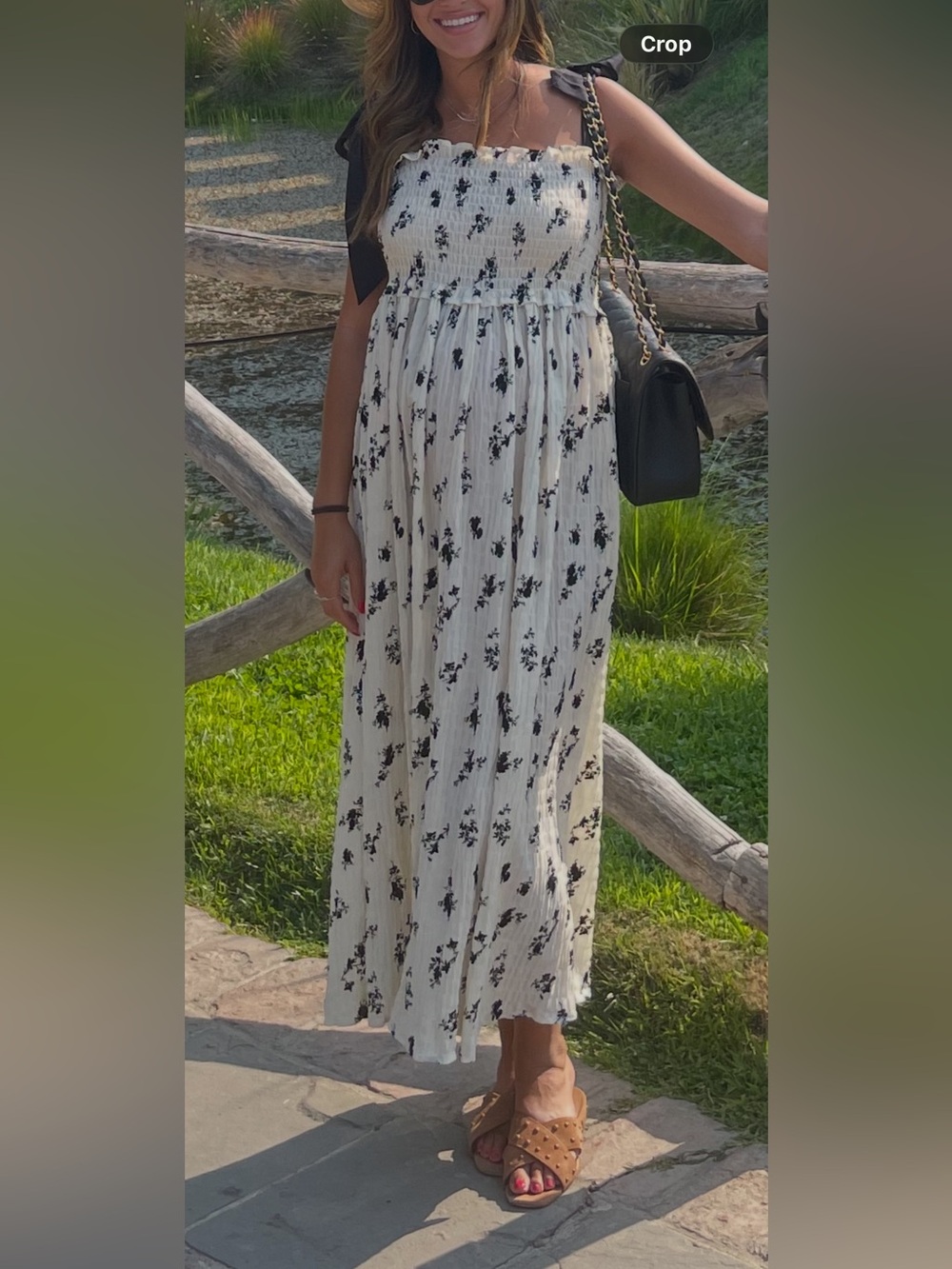 Smocked Floral Tie-Shoulder Maxi Dress in Cream and Black